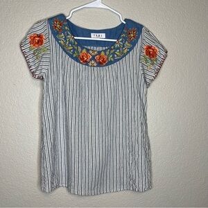 THML Anthropologie Floral Embroidered White Blue Striped Women's Top Size Small